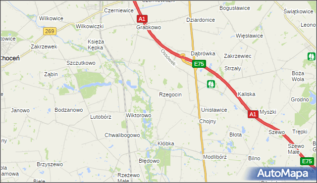 mapa Rzegocin gmina Lubień Kujawski, Rzegocin gmina Lubień Kujawski na mapie Targeo