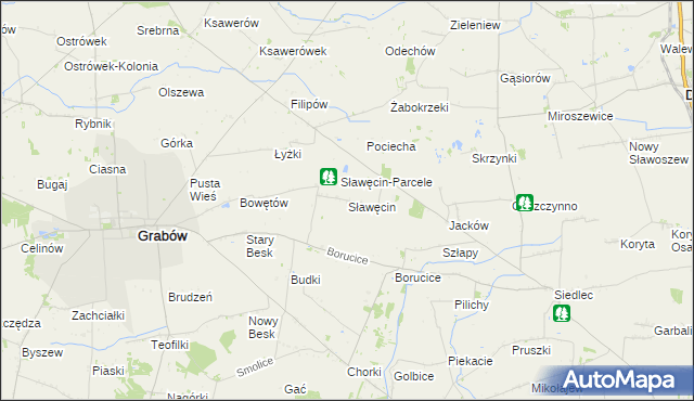 mapa Sławęcin gmina Grabów, Sławęcin gmina Grabów na mapie Targeo