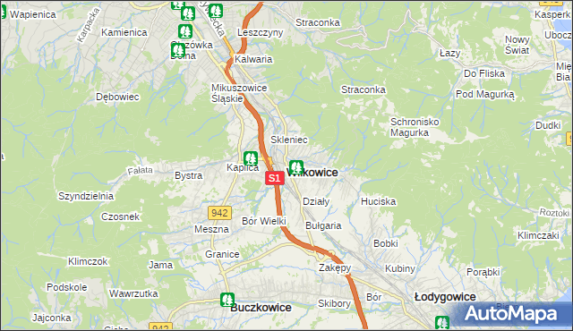 mapa Wilkowice powiat bielski, Wilkowice powiat bielski na mapie Targeo