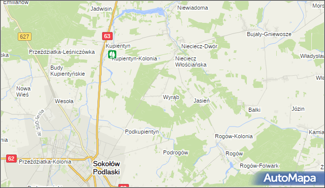 mapa Wyrąb gmina Sokołów Podlaski, Wyrąb gmina Sokołów Podlaski na mapie Targeo