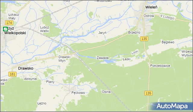 mapa Zawada gmina Wieleń, Zawada gmina Wieleń na mapie Targeo