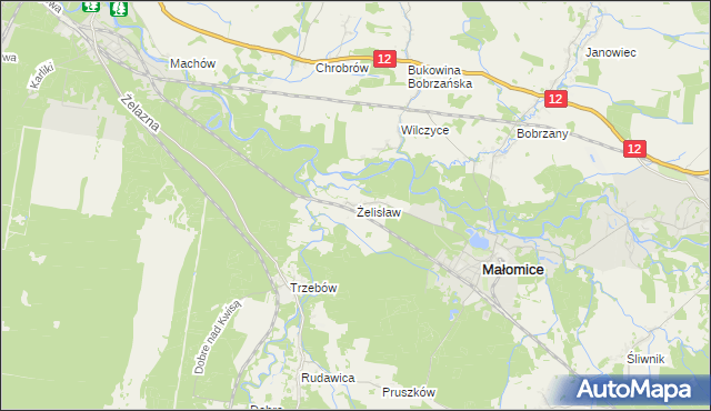 mapa Żelisław gmina Małomice, Żelisław gmina Małomice na mapie Targeo