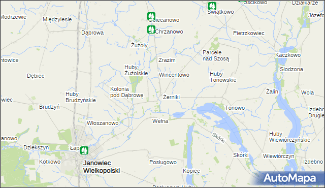 mapa Żerniki gmina Janowiec Wielkopolski, Żerniki gmina Janowiec Wielkopolski na mapie Targeo