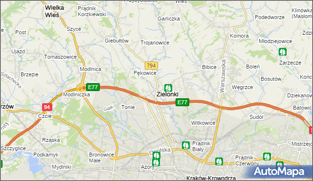 mapa Zielonki powiat krakowski, Zielonki powiat krakowski na mapie Targeo