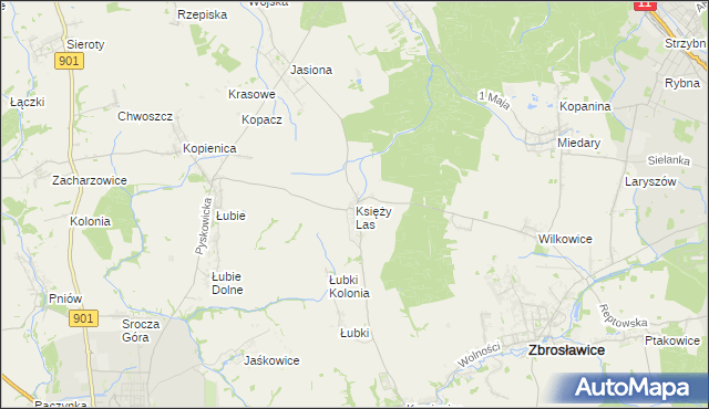 mapa Księży Las gmina Zbrosławice, Księży Las gmina Zbrosławice na mapie Targeo