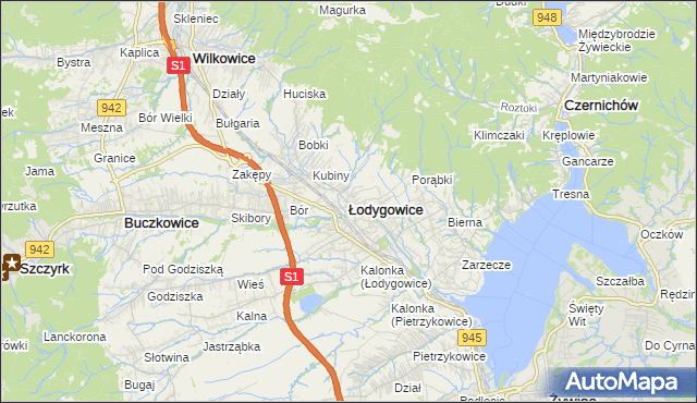 mapa Łodygowice powiat żywiecki, Łodygowice powiat żywiecki na mapie Targeo