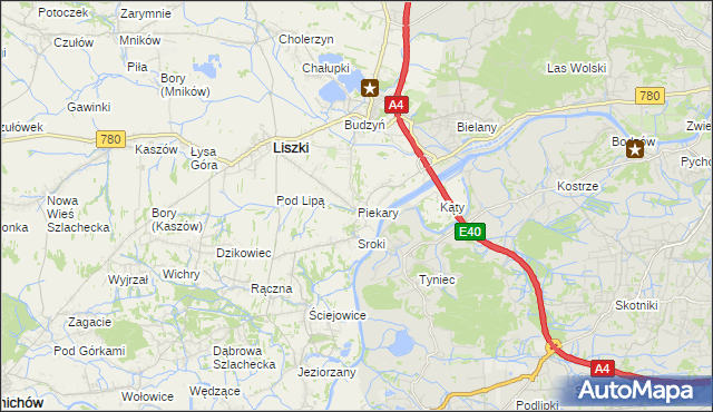 mapa Piekary gmina Liszki, Piekary gmina Liszki na mapie Targeo