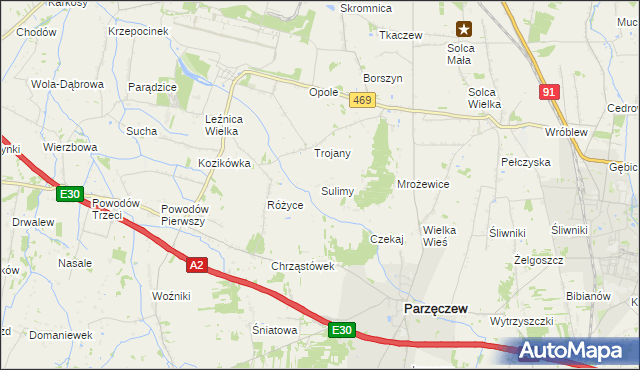 mapa Sulimy gmina Parzęczew, Sulimy gmina Parzęczew na mapie Targeo