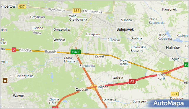 mapa Zakręt gmina Wiązowna, Zakręt gmina Wiązowna na mapie Targeo