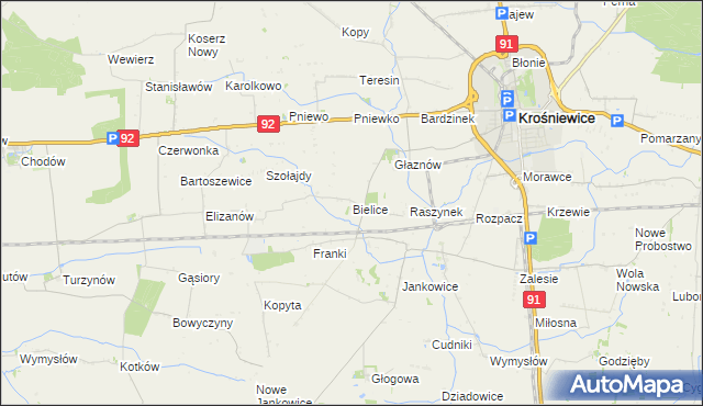 mapa Bielice gmina Krośniewice, Bielice gmina Krośniewice na mapie Targeo