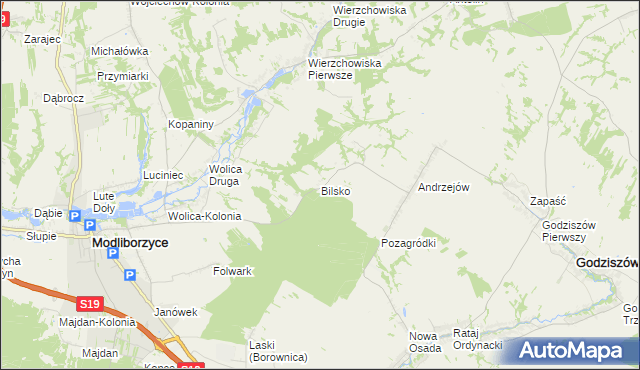 mapa Bilsko gmina Modliborzyce, Bilsko gmina Modliborzyce na mapie Targeo