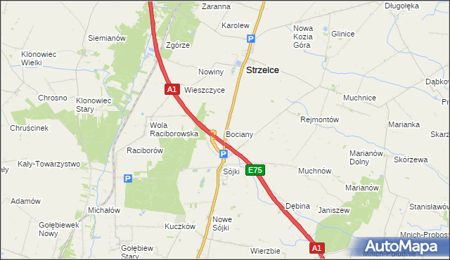 mapa Bociany gmina Strzelce, Bociany gmina Strzelce na mapie Targeo