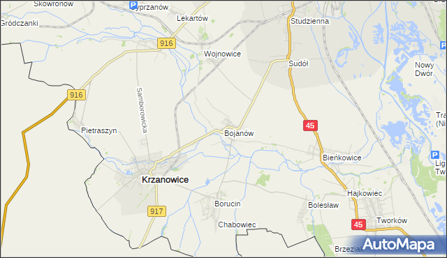 mapa Bojanów gmina Krzanowice, Bojanów gmina Krzanowice na mapie Targeo