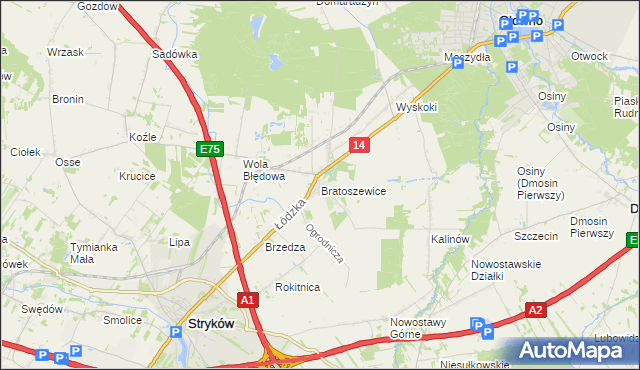 mapa Bratoszewice, Bratoszewice na mapie Targeo