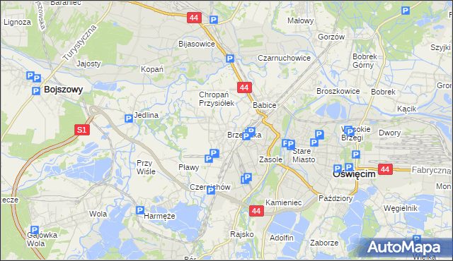 mapa Brzezinka gmina Oświęcim, Brzezinka gmina Oświęcim na mapie Targeo