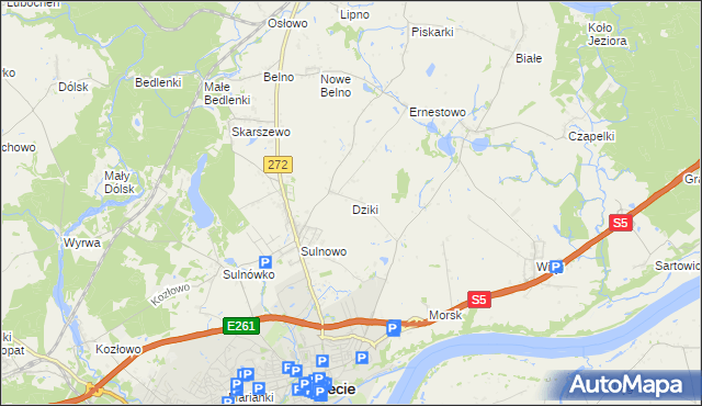 mapa Dziki gmina Świecie, Dziki gmina Świecie na mapie Targeo