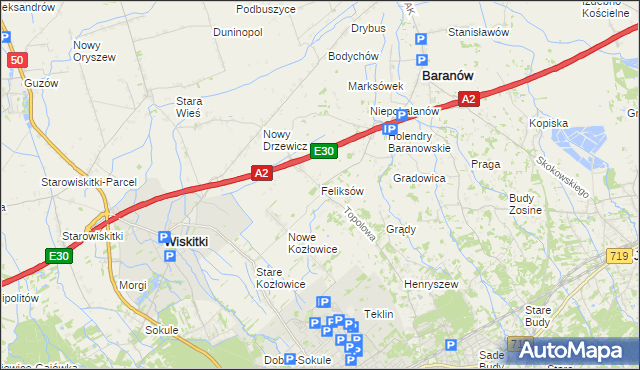 mapa Feliksów gmina Wiskitki, Feliksów gmina Wiskitki na mapie Targeo