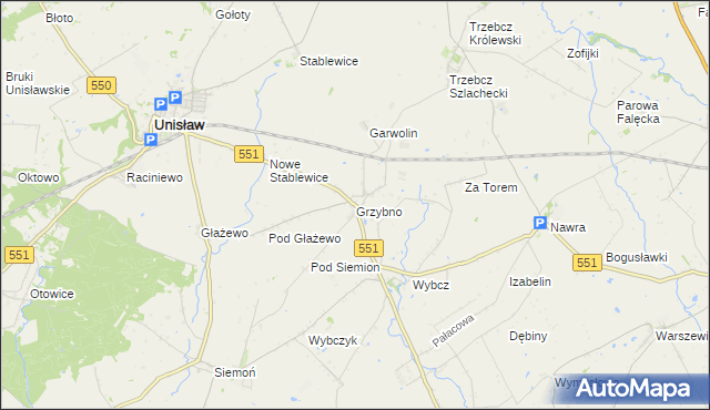 mapa Grzybno gmina Unisław, Grzybno gmina Unisław na mapie Targeo