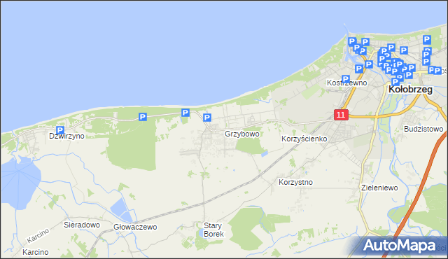 mapa Grzybowo gmina Kołobrzeg, Grzybowo gmina Kołobrzeg na mapie Targeo