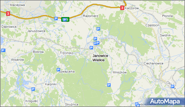 mapa Janowice Wielkie, Janowice Wielkie na mapie Targeo