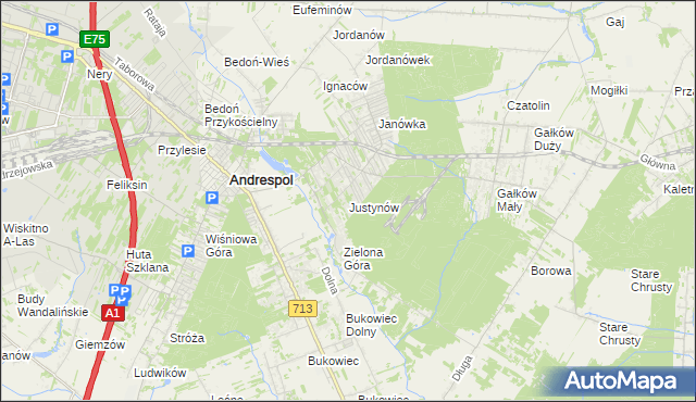 mapa Justynów gmina Andrespol, Justynów gmina Andrespol na mapie Targeo