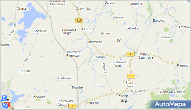 mapa Kalwa gmina Stary Targ, Kalwa gmina Stary Targ na mapie Targeo