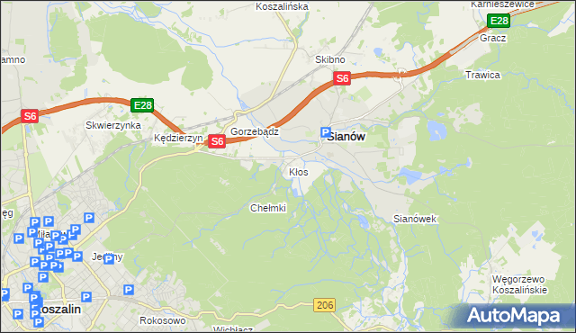 mapa Kłos gmina Sianów, Kłos gmina Sianów na mapie Targeo