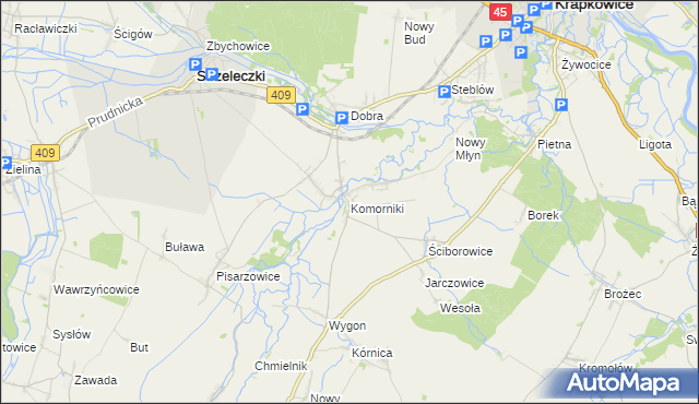 mapa Komorniki gmina Strzeleczki, Komorniki gmina Strzeleczki na mapie Targeo