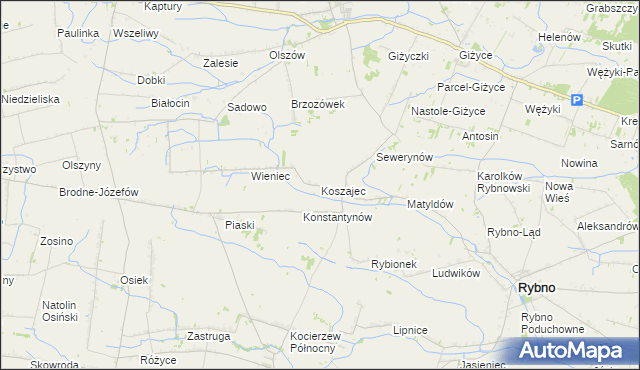 mapa Koszajec gmina Rybno, Koszajec gmina Rybno na mapie Targeo