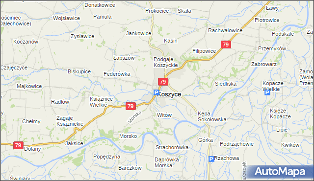 mapa Koszyce powiat proszowicki, Koszyce powiat proszowicki na mapie Targeo