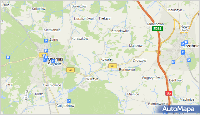 mapa Kowale gmina Oborniki Śląskie, Kowale gmina Oborniki Śląskie na mapie Targeo