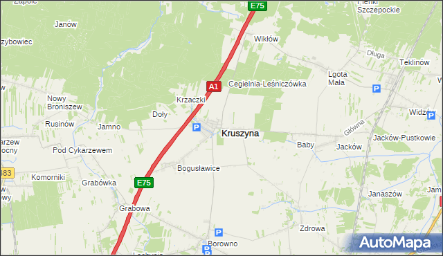 mapa Kruszyna powiat częstochowski, Kruszyna powiat częstochowski na mapie Targeo