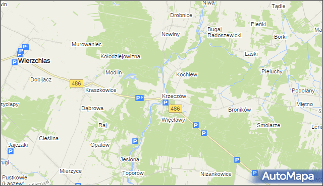 mapa Krzeczów gmina Wierzchlas, Krzeczów gmina Wierzchlas na mapie Targeo