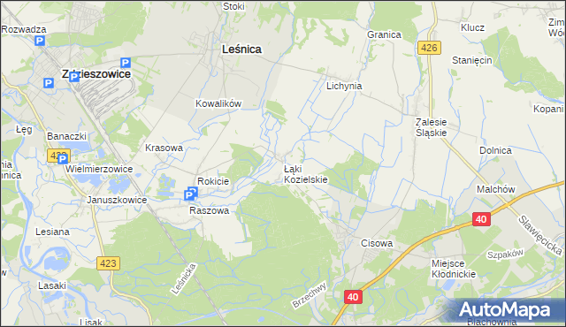 mapa Łąki Kozielskie, Łąki Kozielskie na mapie Targeo