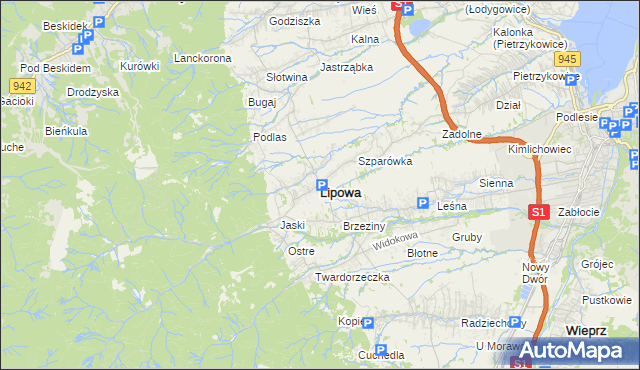 mapa Lipowa powiat żywiecki, Lipowa powiat żywiecki na mapie Targeo