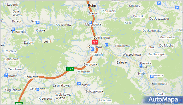 mapa Lubień powiat myślenicki, Lubień powiat myślenicki na mapie Targeo