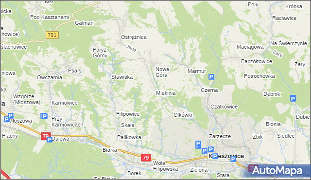 mapa Miękinia gmina Krzeszowice, Miękinia gmina Krzeszowice na mapie Targeo