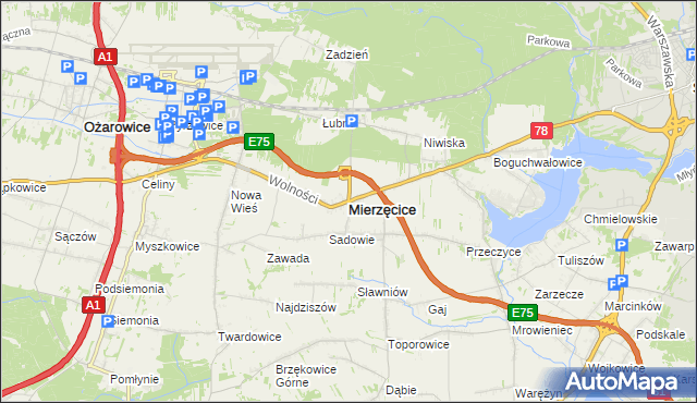 mapa Mierzęcice, Mierzęcice na mapie Targeo