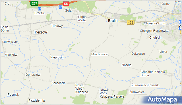 mapa Mnichowice gmina Bralin, Mnichowice gmina Bralin na mapie Targeo