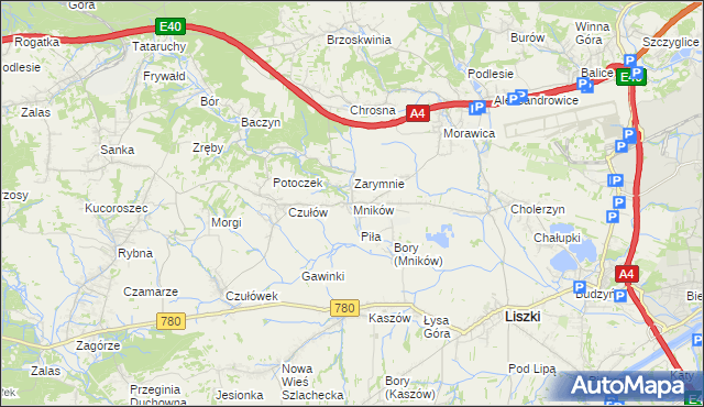 mapa Mników gmina Liszki, Mników gmina Liszki na mapie Targeo