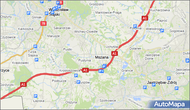 mapa Mszana powiat wodzisławski, Mszana powiat wodzisławski na mapie Targeo