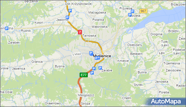 mapa Myślenice, Myślenice na mapie Targeo