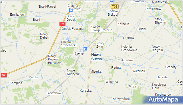 mapa Nowa Sucha powiat sochaczewski, Nowa Sucha powiat sochaczewski na mapie Targeo