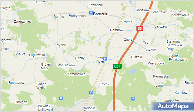 mapa Nowa Wieś gmina Brzeźnio, Nowa Wieś gmina Brzeźnio na mapie Targeo