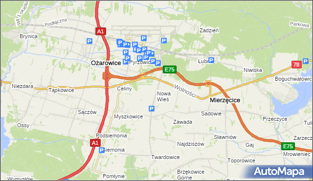 mapa Nowa Wieś gmina Mierzęcice, Nowa Wieś gmina Mierzęcice na mapie Targeo