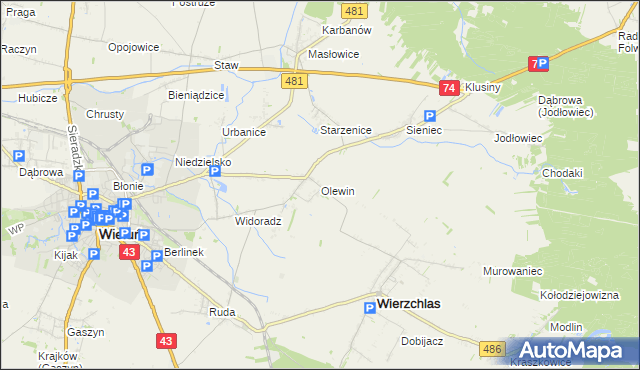 mapa Olewin gmina Wieluń, Olewin gmina Wieluń na mapie Targeo
