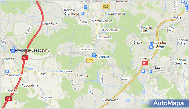 mapa Orzesze powiat mikołowski, Orzesze powiat mikołowski na mapie Targeo