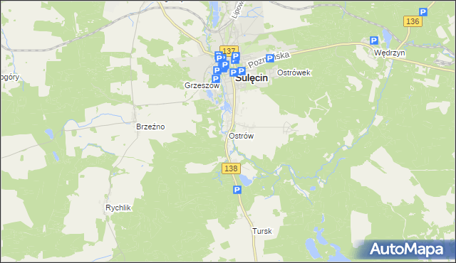 mapa Ostrów gmina Sulęcin, Ostrów gmina Sulęcin na mapie Targeo