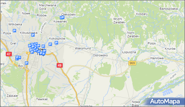 mapa Ostrowsko gmina Nowy Targ, Ostrowsko gmina Nowy Targ na mapie Targeo