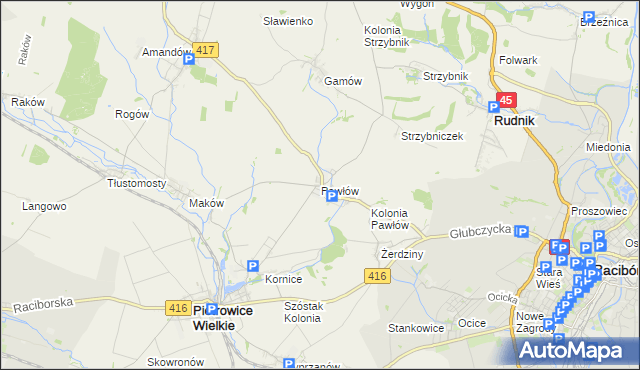 mapa Pawłów gmina Pietrowice Wielkie, Pawłów gmina Pietrowice Wielkie na mapie Targeo